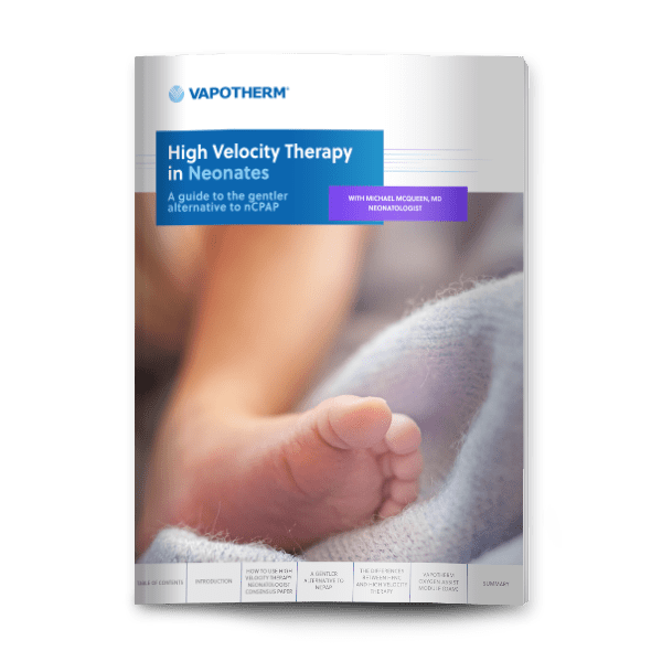 Image of an eBook cover titled “High Velocity Therapy in Neonates” with a picture of a baby’s foot.