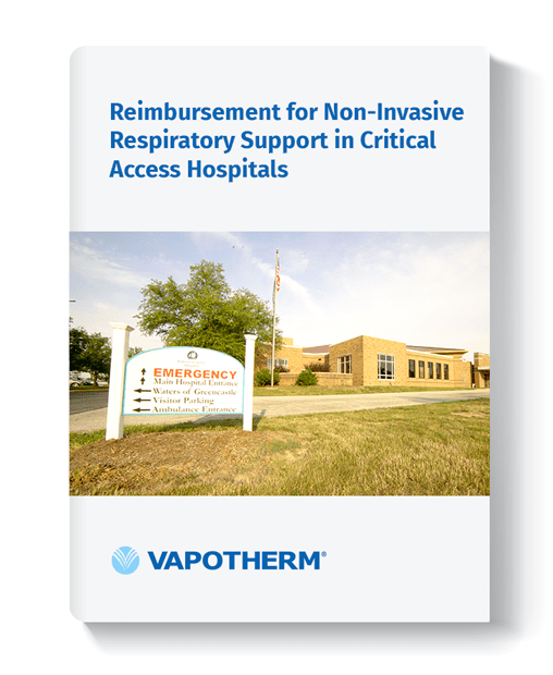 Image of an eBook cover titled “Reimbursement for Non-Invasive Respiratory Support in Critical Access Hospitals” with a picture of the outside of a Critical Access Hospital emergency department.