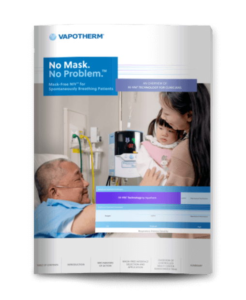Image of an eBook cover titled “No Mask. No Problem.” with a picture of a male patient on Vapotherm high velocity therapy smiling at his daughter and granddaughter who are visiting him in the hospital.