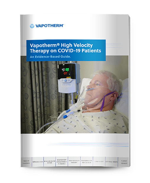 Image of an eBook cover titled “Vapotherm High Velocity Therapy on COVID-19 Patients” with a picture of a patient on high velocity therapy with a FELIX-1.