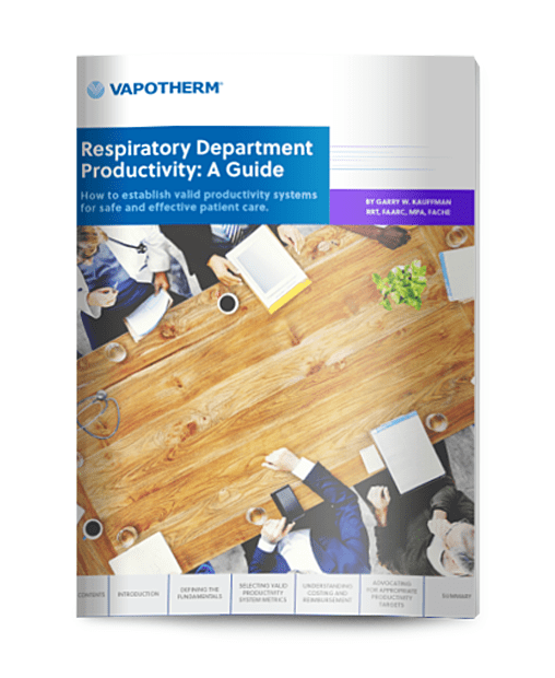 Image of an eBook cover titled “Respiratory Department Productivity: A Guide ” with a picture of a bird’s eye view of a conference table with people sitting around it.