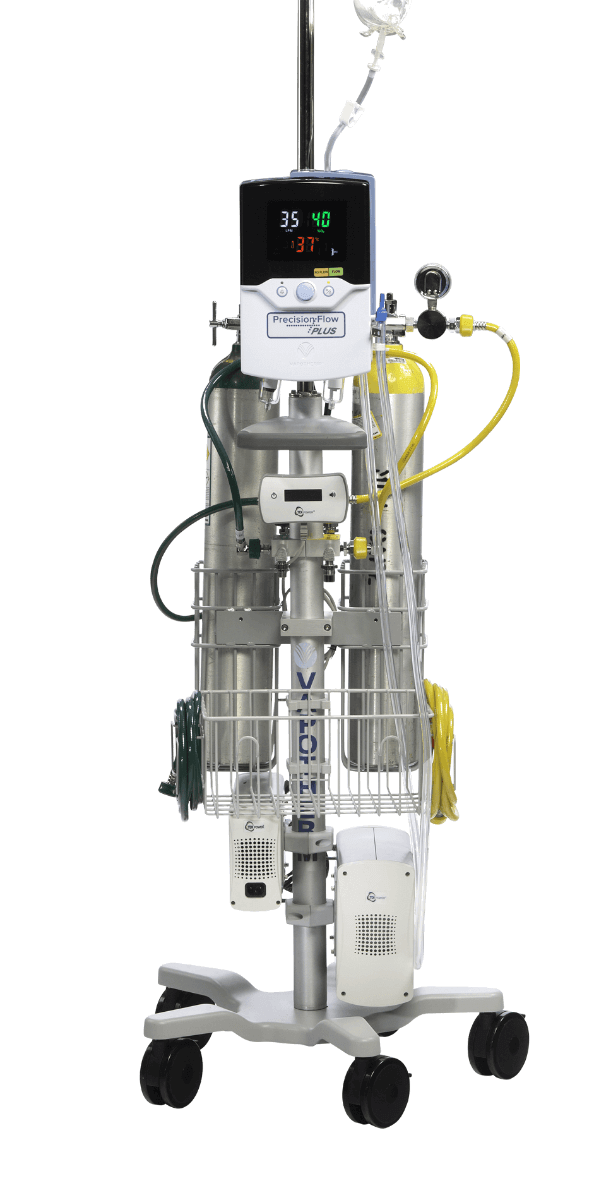 A full image of an assembled Vapotherm Transfer Unit complete with air and oxygen tanks.