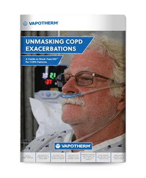 Image of an eBook cover titled “Unmasking COPD Exacerbations” with a picture of a male patient on Vapotherm high velocity therapy.